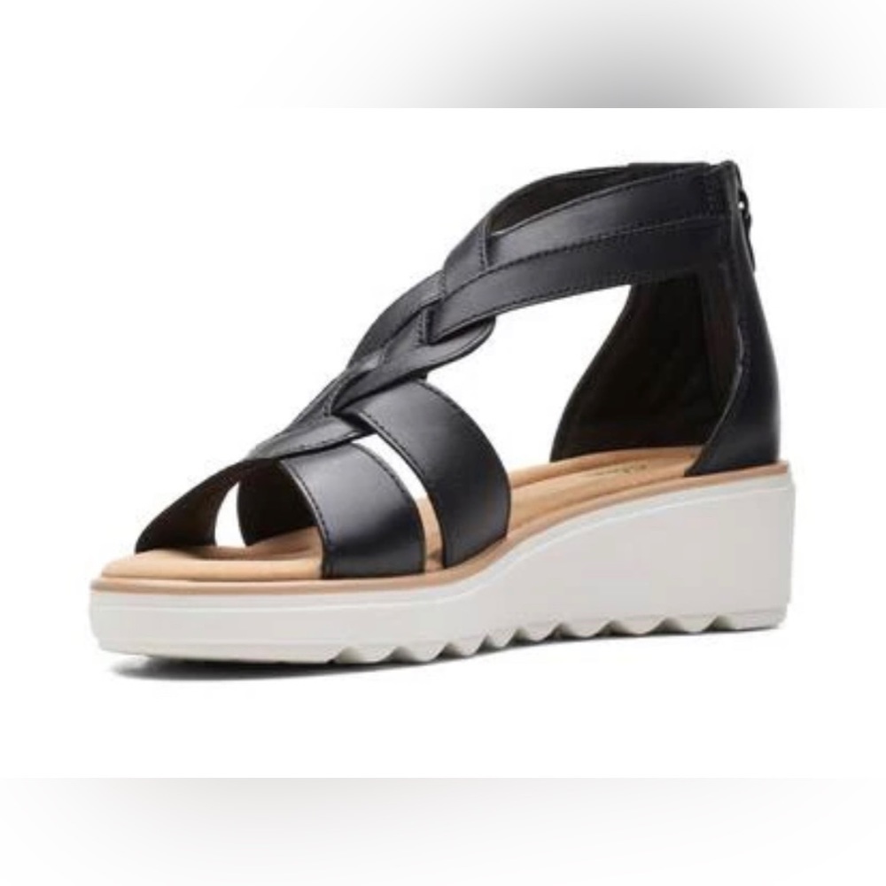 Clarks Black Leather Wedge Sandals - Picture 2 of 10